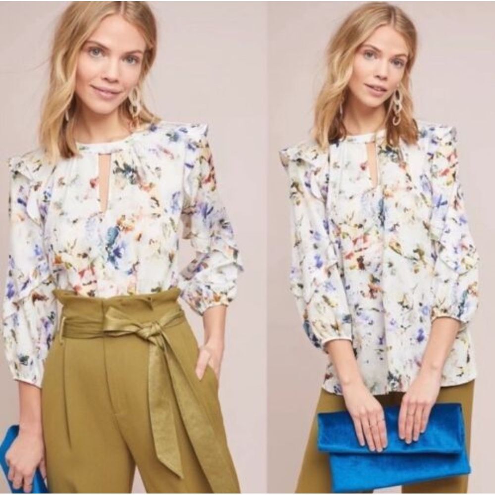 Dolan Anthropolgoie Top S Araminta Ruffle Sleeve Floral Keyhole Neck Cottagecore